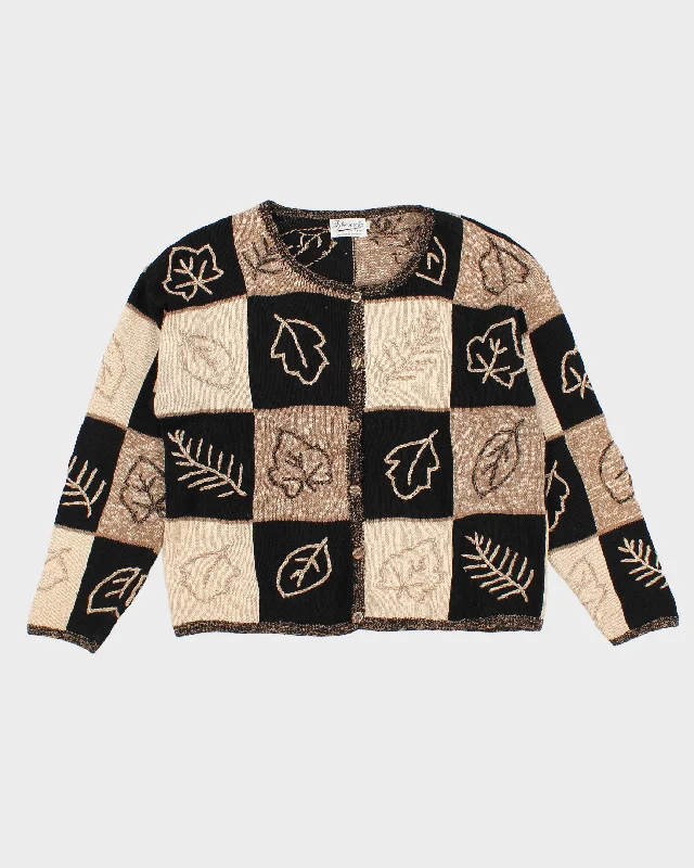 Womens 1990s Beige and Black Hand Embroidered Cardigan - S Cotton Fabric Linen Fabric Terry Fabric Womens 1990s Beige and Black Hand Embroidered Cardigan - S Cotton Fabric Linen Fabric Terry Fabric