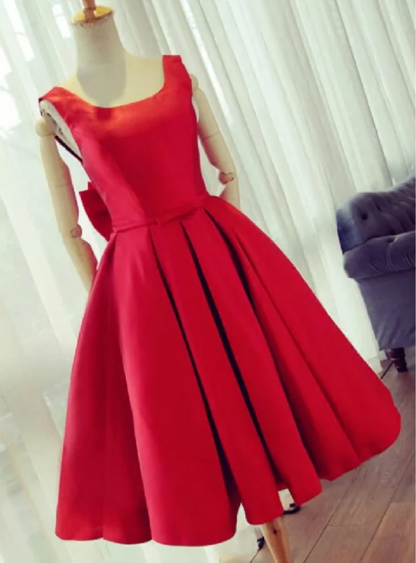 Summer Fashion Party Dress Knee Length Red Prom Dress A line Satin Graduation Dresses Glittery Long Formal