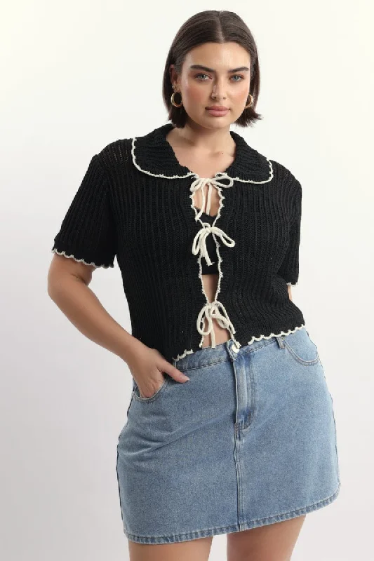 Black Collar Knit Cardigan Short Sleeve Tie up Bright Pastel Dark