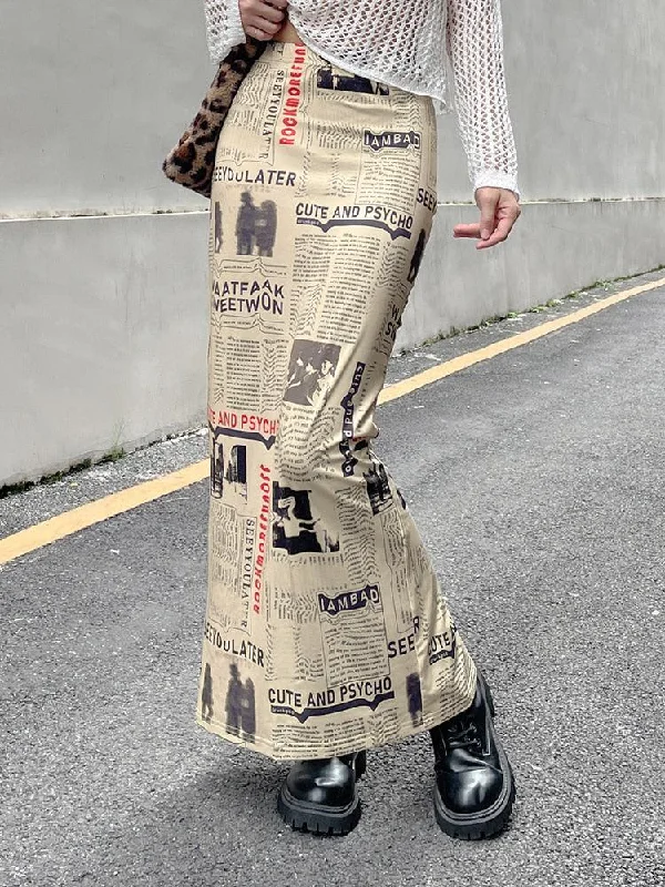 Newspaper Printed Maxi Skirt lace skirt romantic