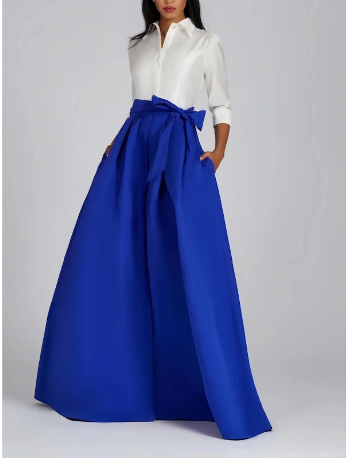 A-Line Evening Gown Party Dress Formal Wedding Guest Floor Length 3/4 Length Sleeve Shirt Collar Satin with Bow(s) Pleats Pencil Length Work