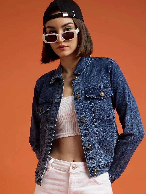 Women Navy Washed Denim Regular Jacket Wool Jacket Cashmere Jacket Tweed Jacket