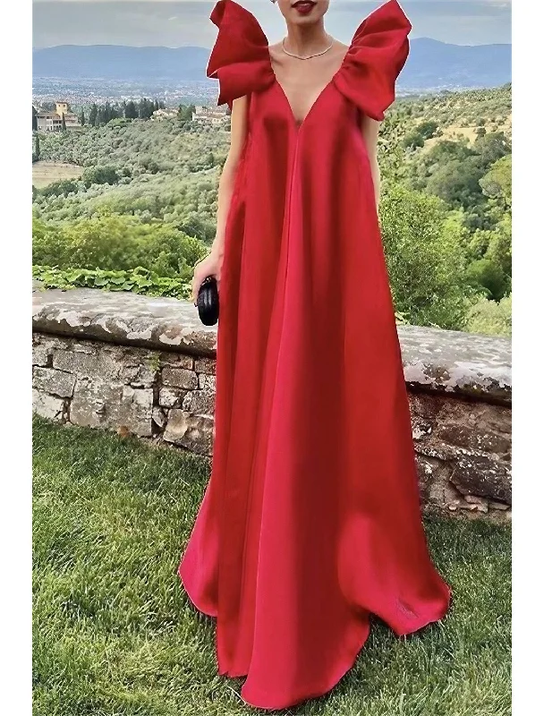 A-Line Evening Gown Party Dress Red Green Dress Formal Wedding Sweep / Brush Train Sleeveless V Neck Charmeuse with Pleat Tunics Recommended stylist