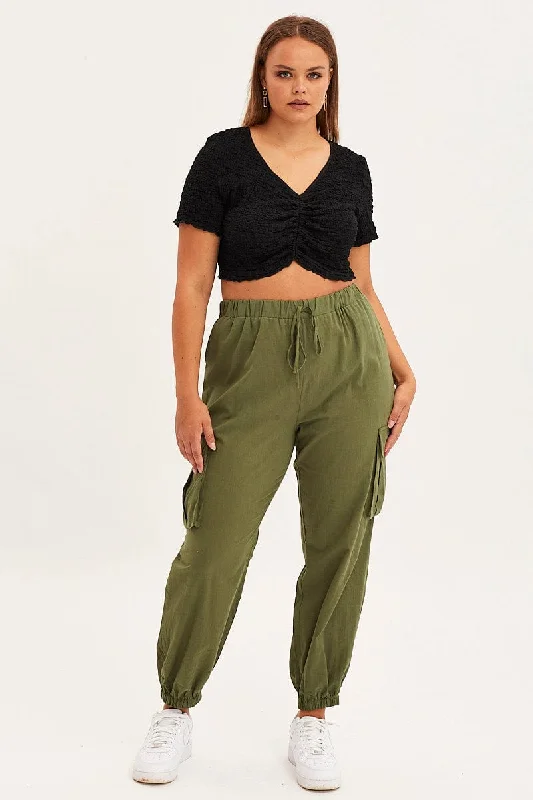Green Cargo Pants Elastic Waist Cotton Flap Pocket Cozy Jogger Leggings