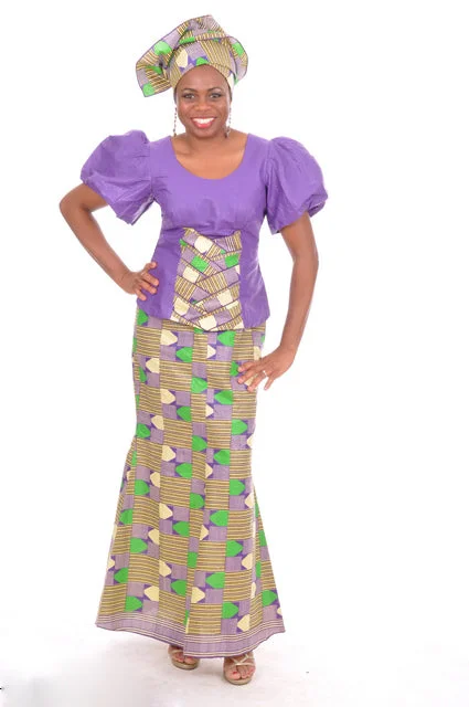 Purple Top with Purple Green Beige Print and Skirt-DPS0097DF wool skirt sturdy