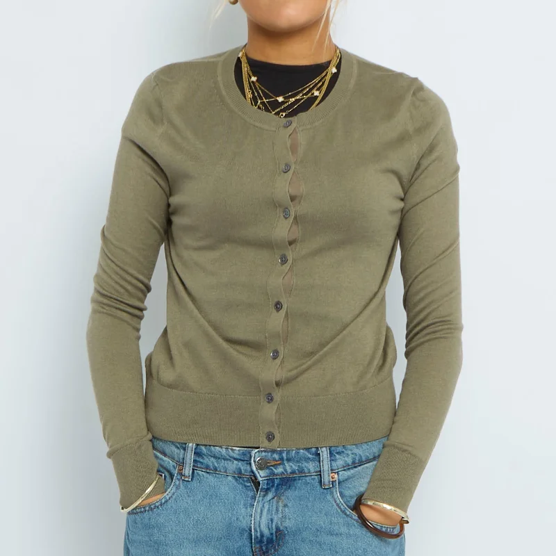 Buttoned Fine Knit Cardigan - UK 10 Collared Crew Neck Turtle Neck