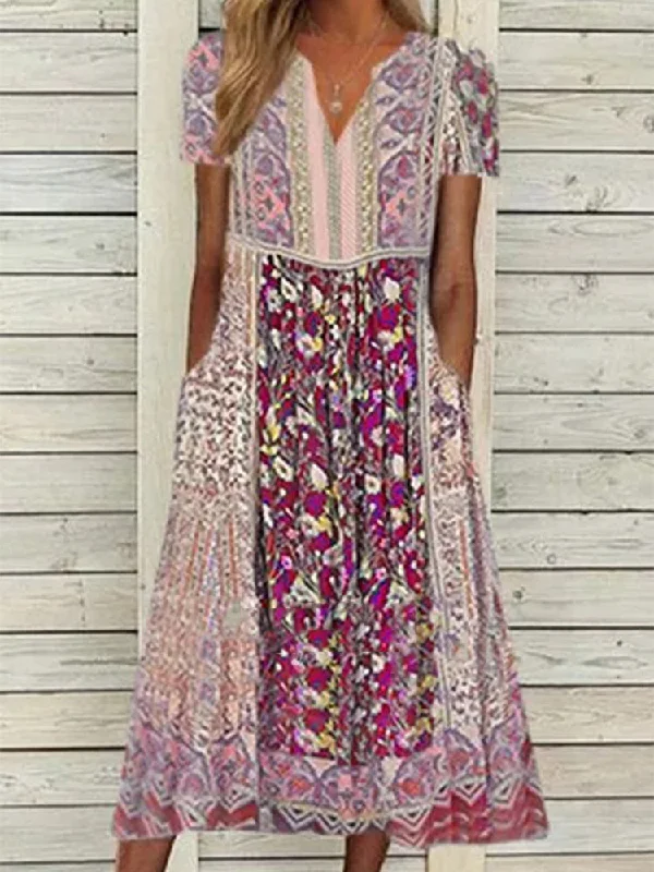 2023 Spring floral Print Harajuku Loose Dress Summer Female Short-Sleeve Party Dress Female Retro Casual Long Skirt Vestido empire Waist empire