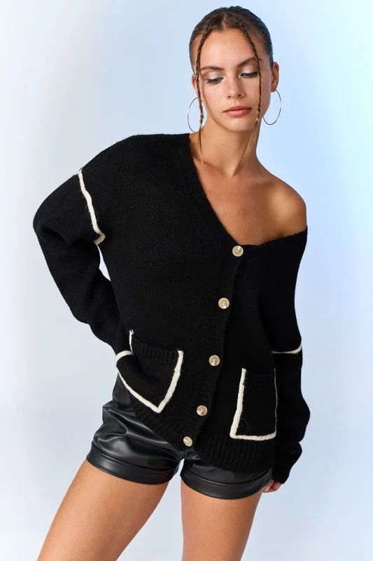 Pate Contrast Trim Pocketed Cardigan - Medium - Final Sale Bright Pastel Dark