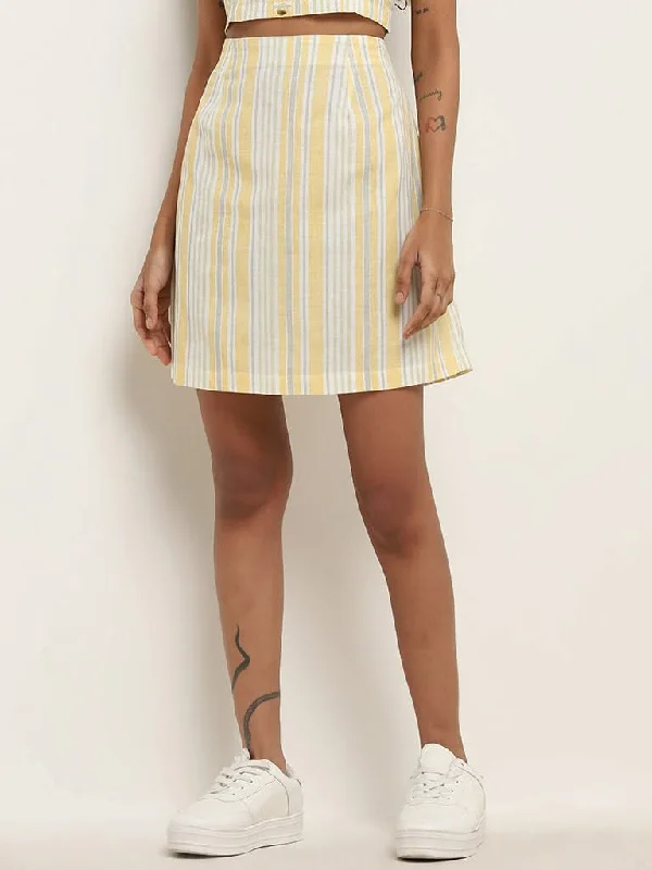 Bombay Paisley Yellow Striped High Rise Blended Linen Skirt athletic skirt fit