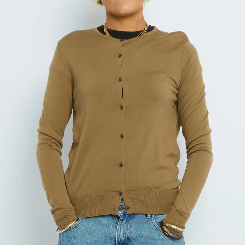 Crew Neck Fine Knit Cardigan - UK 10 Soft Cozy Warm