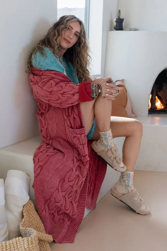 Chill Nights Cable Knit Cardigan - Burgundy Crew Neck V-Neck Turtle Neck