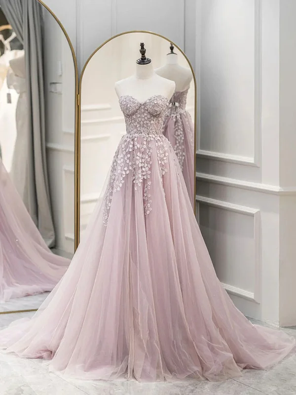 Pink Tulle with Lace Applique Long Party Dress, Pink Sweetheart Prom Dress Tunics stripes playful