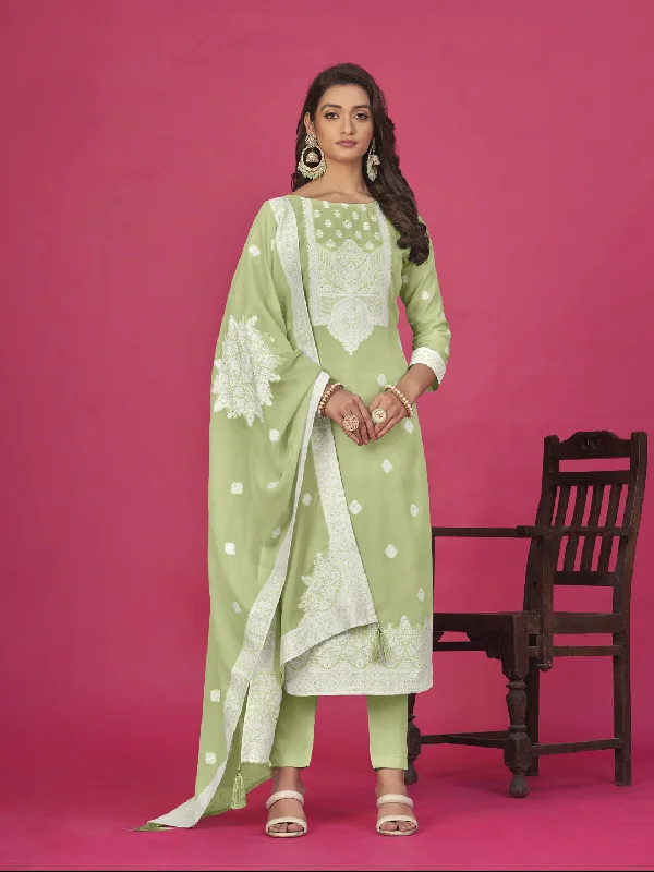Pista Designer Readymade Organza Pant Suit With Wevon Design Baadla Work Soft Wool Pants