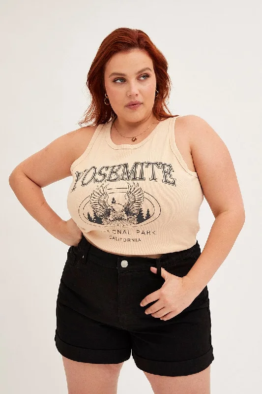 Beige Graphic Tank Top Crew Neck Sleeveless off shoulder tank