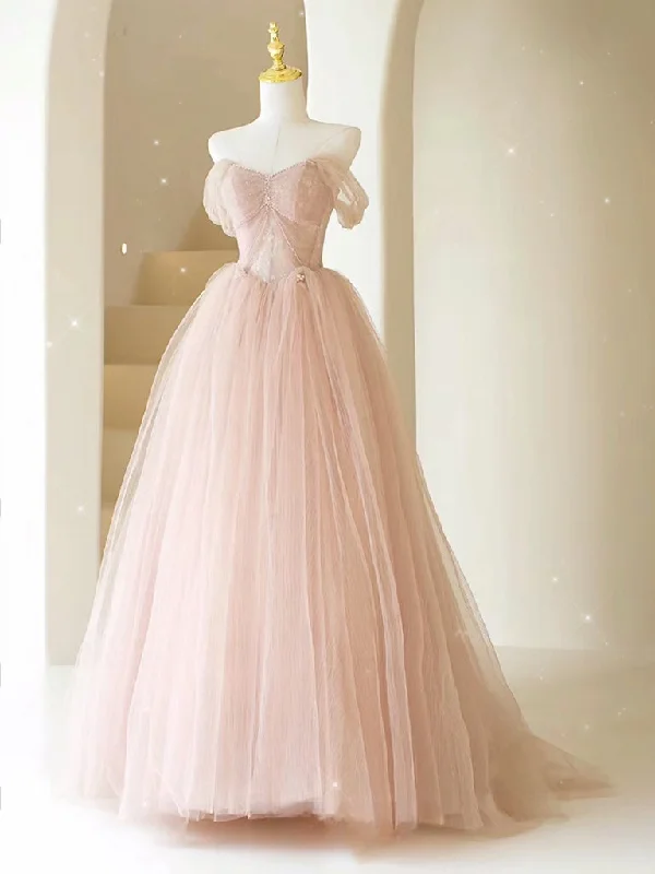 A-Line Sweetheart Neck Tulle Lace Long Pink Prom Dress, Pink Party Dress with Beads Tunics Bridal satin
