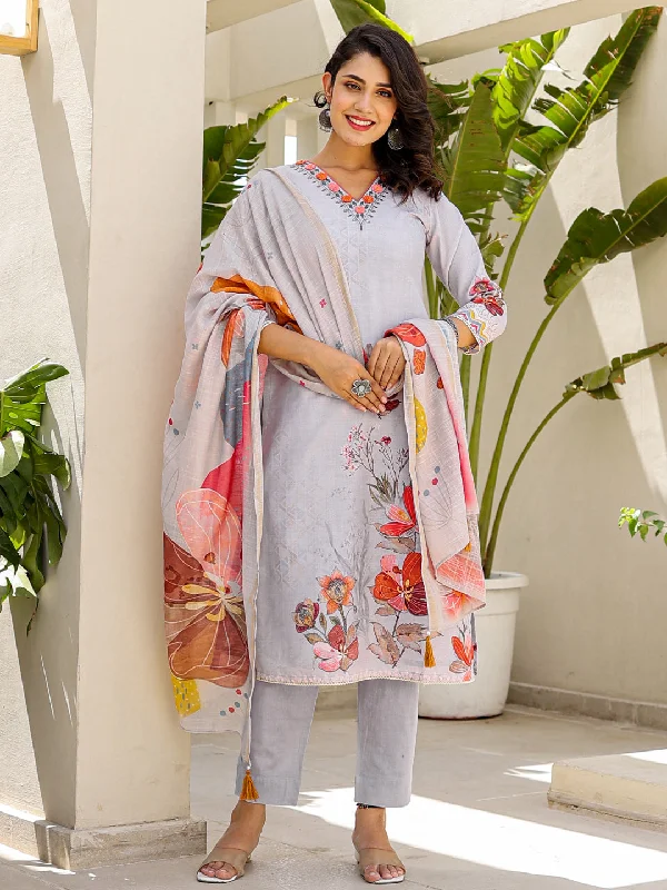 Grey Designer Readymade Linen Pant Suit With Digital Printed Work Soft Stretch Trousers
