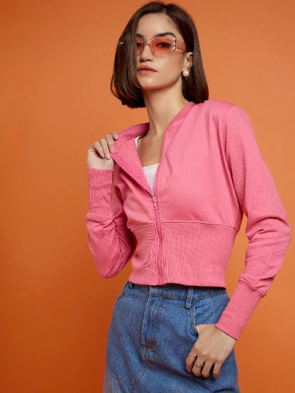 Women Pink SASSAFRAS Studded Print Crop Jacket Denim Fabric Leather Fabric Suede Fabric Women Pink SASSAFRAS Studded Print Crop Jacket Denim Fabric Leather Fabric Suede Fabric