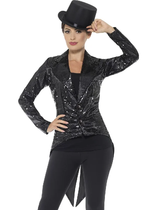 Elegant Black Sequin Tailcoat Jacket for Ladies Collared Jacket Crew Neck Jacket Turtle Neck Jacket