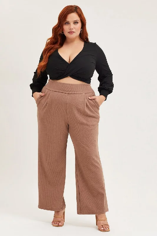 Beige Rib Jersey Wide Leg Beige Pant Classic Straight Pants