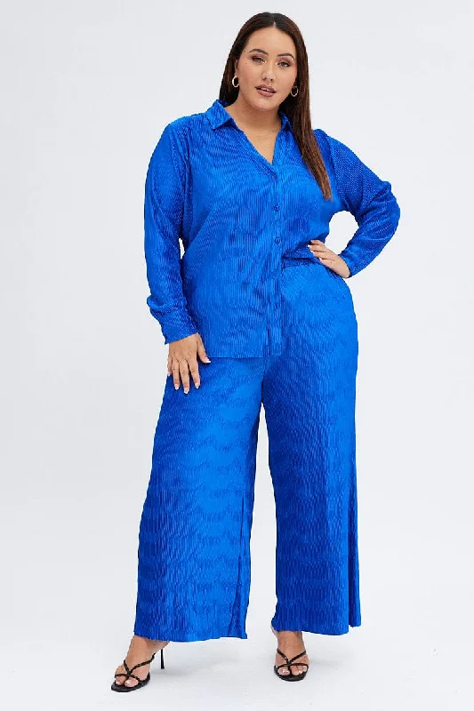 Blue Plisse Pants Wide Leg High Rise Trendy Wide-Legged Trousers