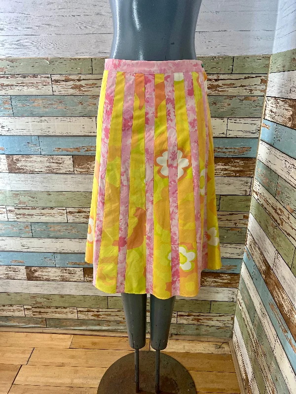 00’s Multi Patch Panel Revival Yellow Orange & Pink 60’s Floral Print Skirt denim skirt stylish