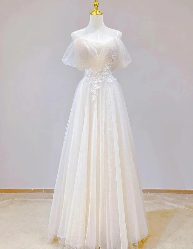 Elegant Ivory Tulle with Lace Long Off Shoulder Party Dress A-line Prom Dress prom dresses shops Tunics Versatile functional