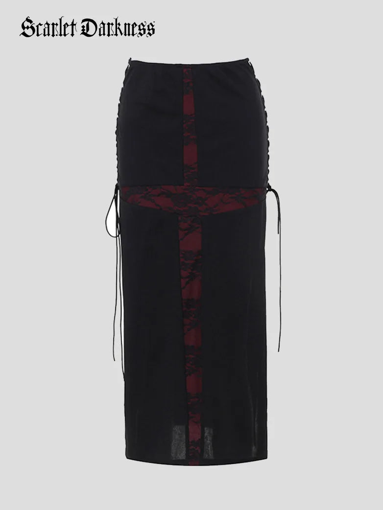 Women Gothic Skirts Cross Cut Out Slim Maxi Skirt silk skirt elegant