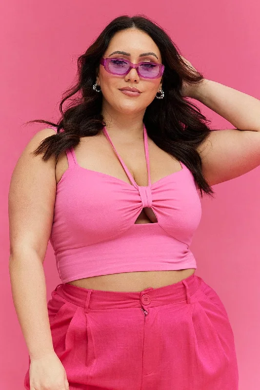 H Pink Tank Top Keyhole Halter Detail Sleeveless Cotton summer tank top