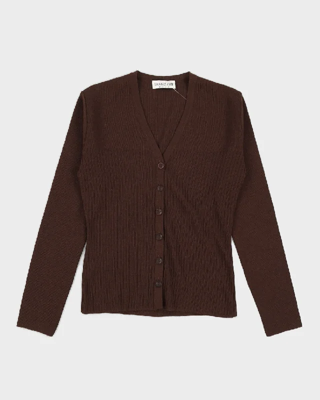 Vintage 90s Georges Rech Brown Merino Knit Cardigan - M Herringbone Houndstooth Plaid