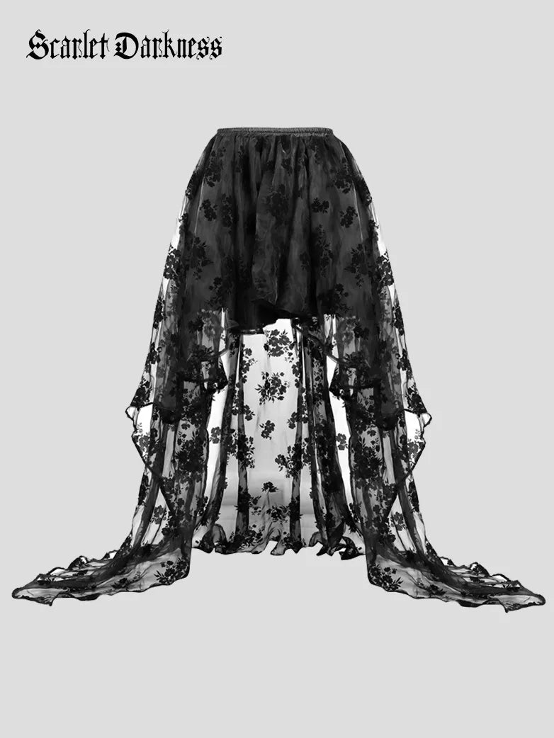 Women Gothic Skirts Black Mesh Flock Printed Wedding Skirt slim fit skirt