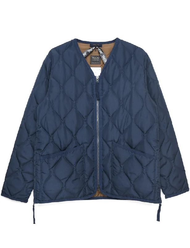 Taion Military Zip V Neck Jacket Navy Front Pockets Side Pockets Patch Pockets