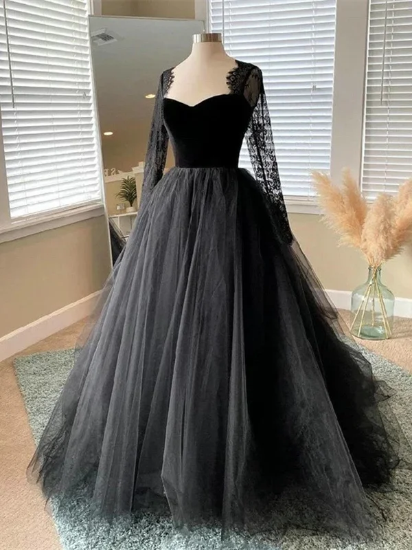 Black A-line Long Lace Sleeves Tulle Formal Dress, Black Prom Dress Party Dress Boat Neckline Classic