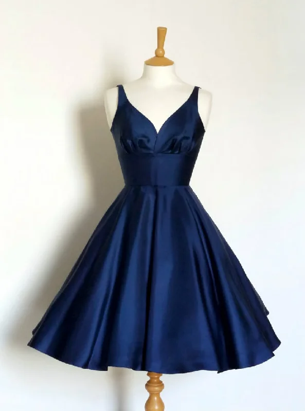 Navy blue Short Fashion Party Dress V neck A Line Prom Dress Backless Homecoming Dresses Lace Sexy Club