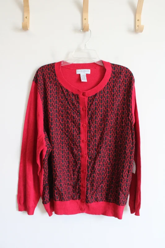 NEW Sag Harbor Red & Black Patterned Cardigan | 2X Real Fur Shearling Chenille