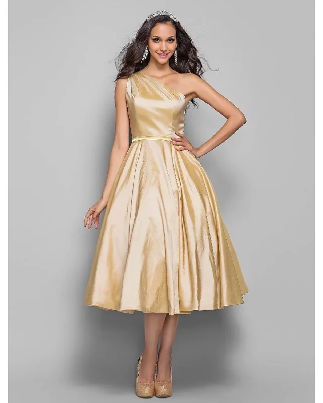 Elegant Cocktail Party Wedding Party Dress One Shoulder Sleeveless Taffeta Sash Ribbon Tunics Cozy soft