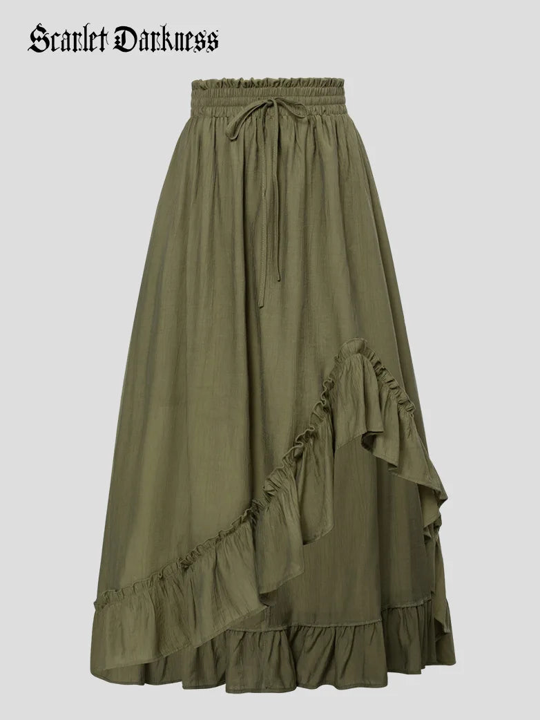 Ren Fair Drawstring Irregular Ruffled Hem Skirt with Pocket corduroy skirt durable
