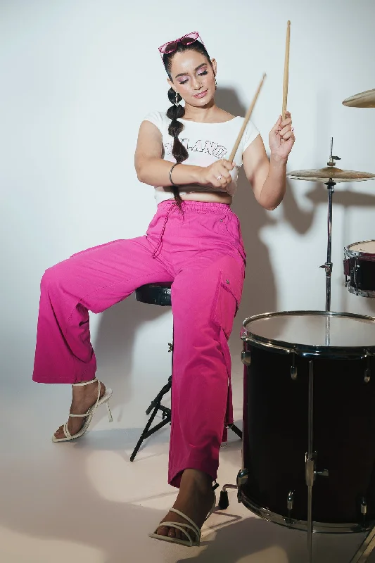 Hot Pink Elasticated Cargo Pants Relaxed High-Waist Trousers