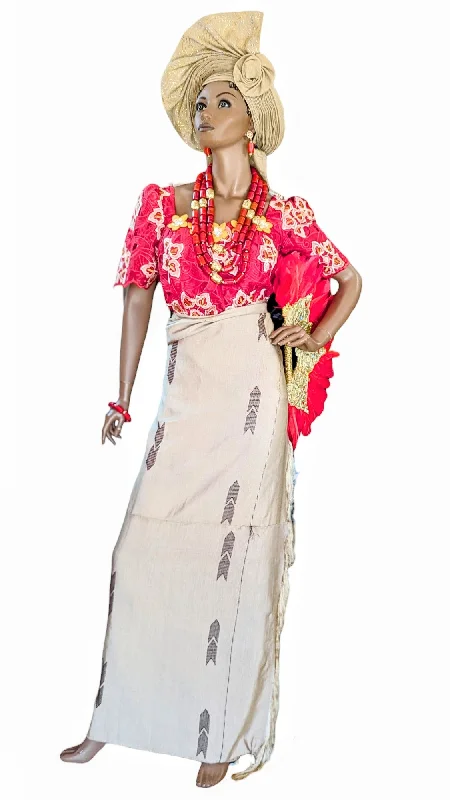 Dupsie's Igbiruba Fusion: Red Gold Beige Lace Top with Tan and Brown Aso Oke Iro Wrap Skirt DPIM035TW lace skirt romantic