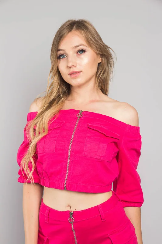 Neon Off the Shoulder Cropped Jacket Snapped Jacket Toggled Jacket Drawstring Jacket