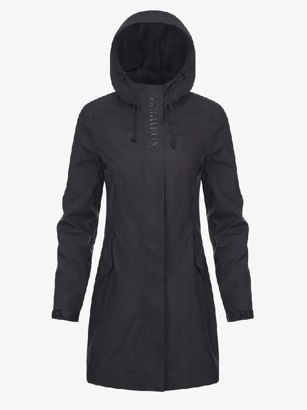 LeMieux Grace Black Long Rain Jacket Notch Collar Peter Pan Collar Cowl Neck