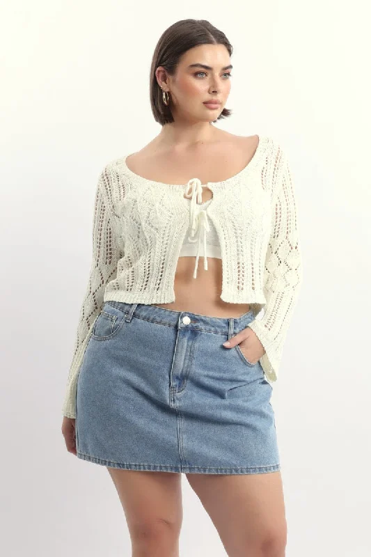 White Crochet Tie Up Cardigan Embroidered Appliqued Beaded