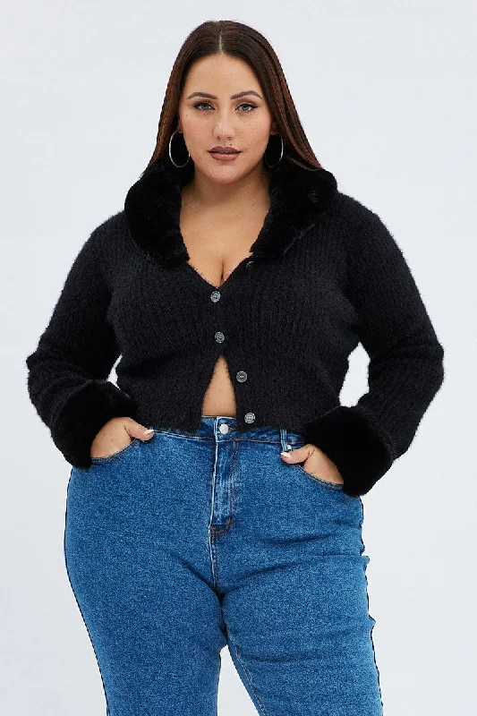 Black Knit Cardigan Fur Trim Hooded Caped Shawl Collar