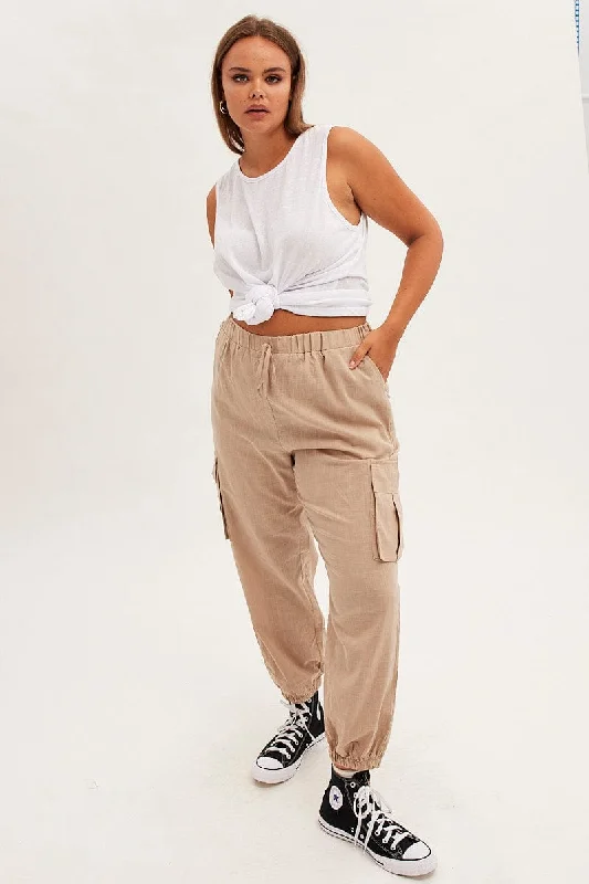 Beige Cargo Pants Elastic Waist Cotton Flap Pocket Soft Stretch Pants