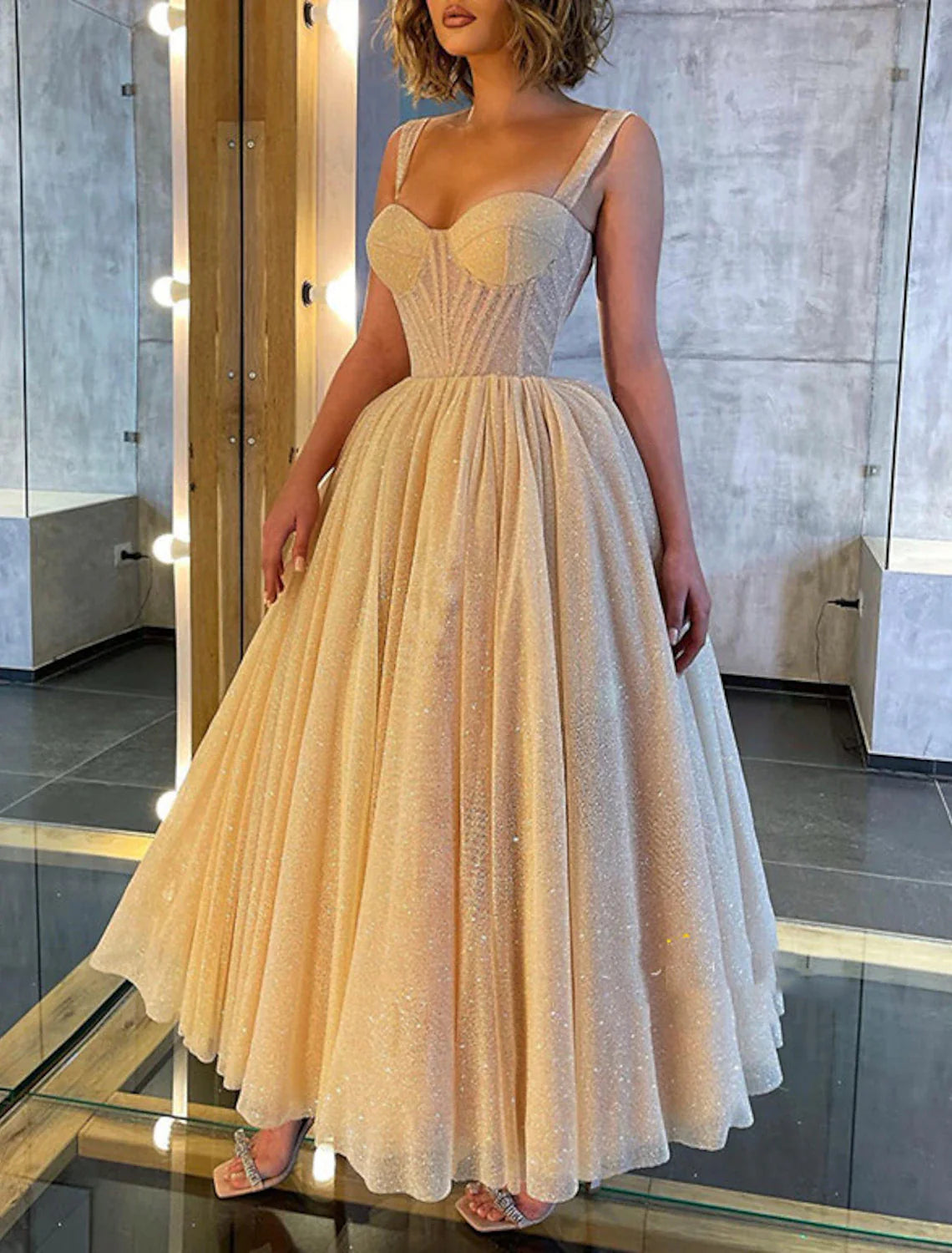 Ball Gown Prom Dresses Corsets Dress Wedding Party Dress Birthday Ankle Length Sleeveless Spaghetti Strap Tulle with Glitter Sequin Tunics stripes playful