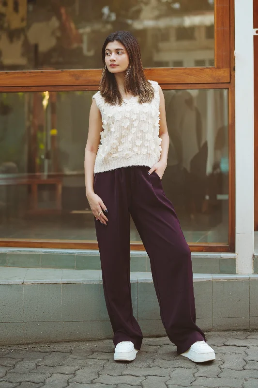 Baysic Burgundy Korean Pants Stylish Elastic Waist Pants