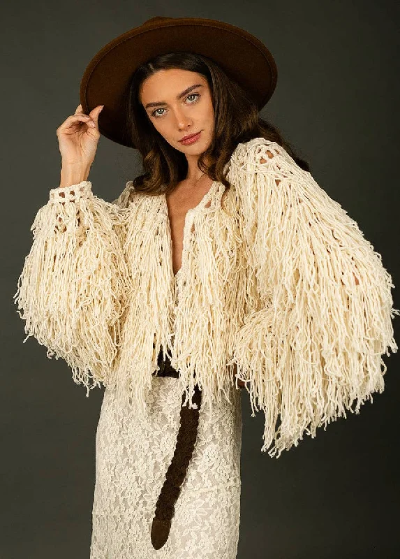 Paulie Fringe Jacket in Cream Front Pockets Side Pockets Patch Pockets