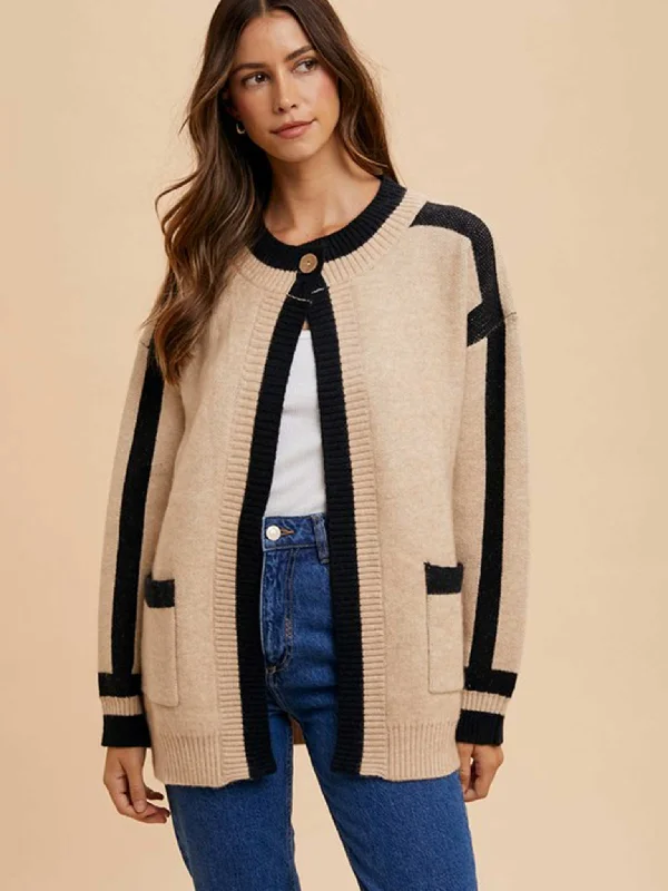 Oatmeal Contrast Trim Open Cardigan Fleece Cardigan Nylon Polyester