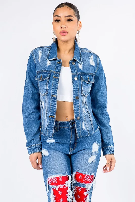 Distressed Bandana Patchwork Denim Jacket Stand-Up Collar Roll-Neck Collar Turtle Neck Distressed Bandana Patchwork Denim Jacket Stand-Up Collar Roll-Neck Collar Turtle Neck