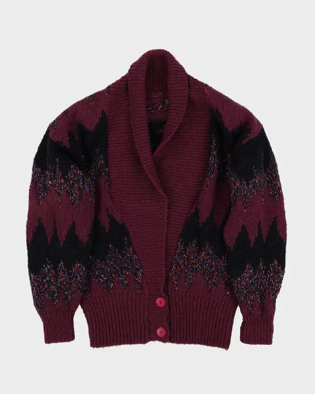 1990s Maroon And Black Patterned Chunky Knitted Cardigan - M Tailored Straight A-Line 1990s Maroon And Black Patterned Chunky Knitted Cardigan - M Tailored Straight A-Line