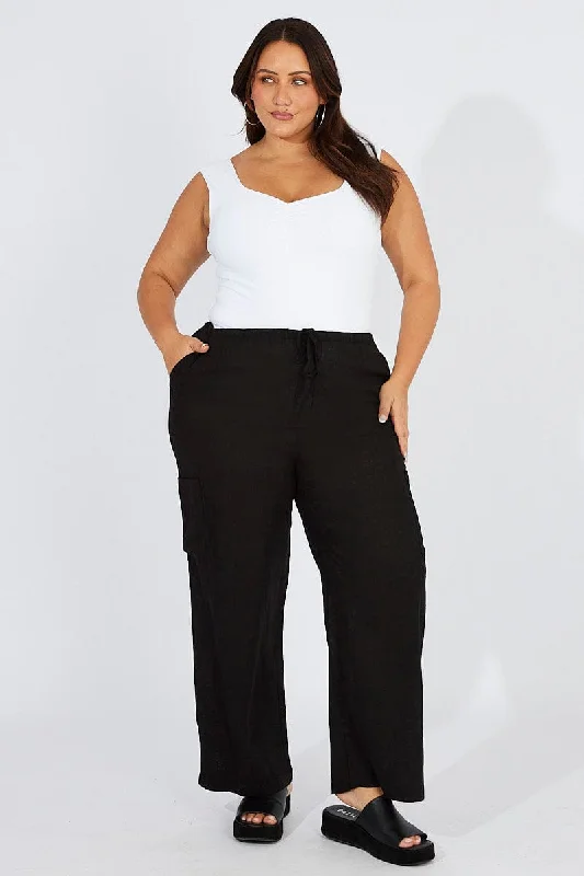 Black Wide Leg Pants Mid Rise Linen Blend Chic Checkered Pants